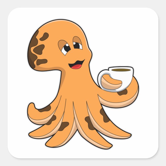 Oktopus mit Kaffee-Cup Quadratischer Aufkleber (Vorderseite)