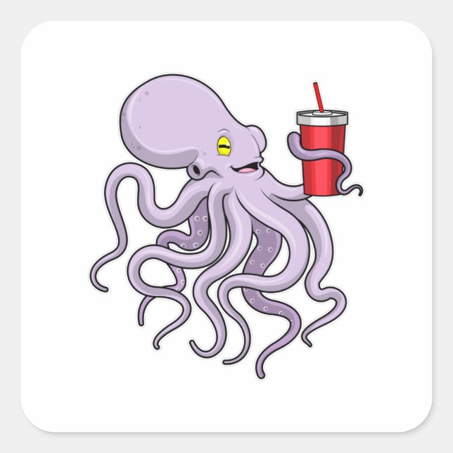 Oktopus mit trinkender Tasse Quadratischer Aufkleber (Vorderseite)