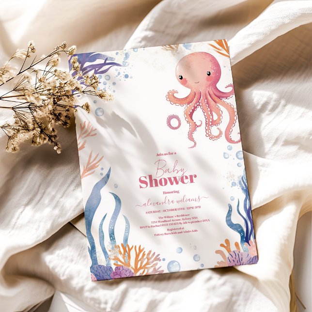 Oktopus Niedlich Pink Watercolor Girl Babydusche Einladung (Von Creator hochgeladen)