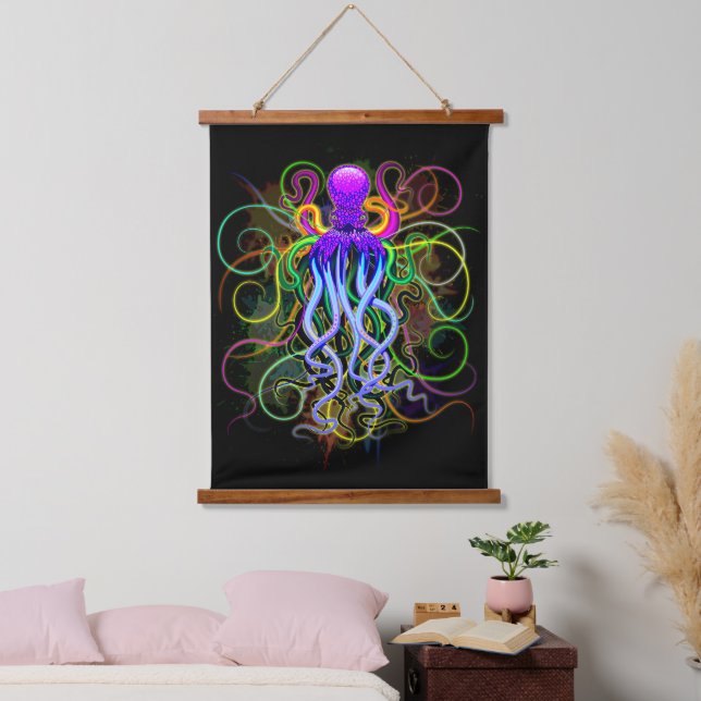 Oktopus Psychedelische Lumineszenz Wandteppich Mit Holzrahmen (Schlafzimmer)