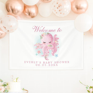 Oktopus Rosa Aquarell Mädchen Baby Shower Begrüßun Banner