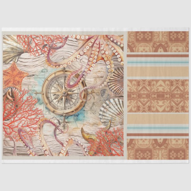 Oktopus, rosa Muscheln der Koralle, Kompass-Dekodi Seidenpapier (Vorderseite)