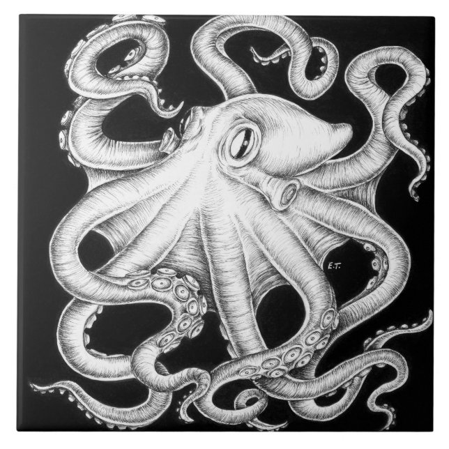 Oktopus Schwarz-Weiß-Tinte Fliese (Vorderseite)