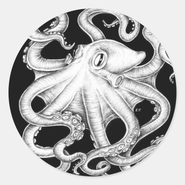 Oktopus Schwarz-Weiß-Tinte Runder Aufkleber (Vorderseite)