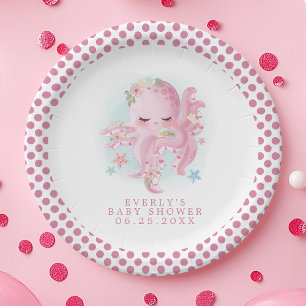 Oktopus Süß Rosa Aquarell Mädchen Baby Shower Pappteller