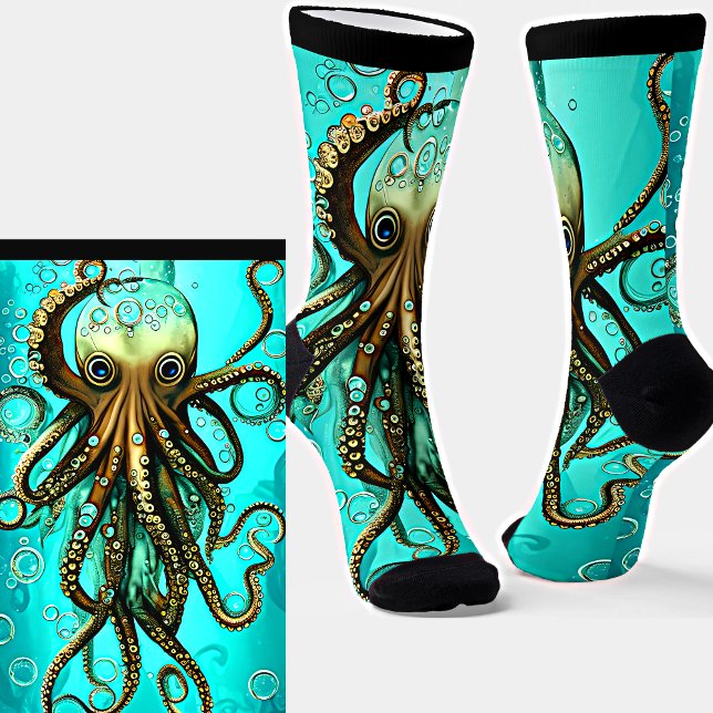 Oktopus und Blasen im Wasser auf schwarzen Socken (Von Creator hochgeladen)