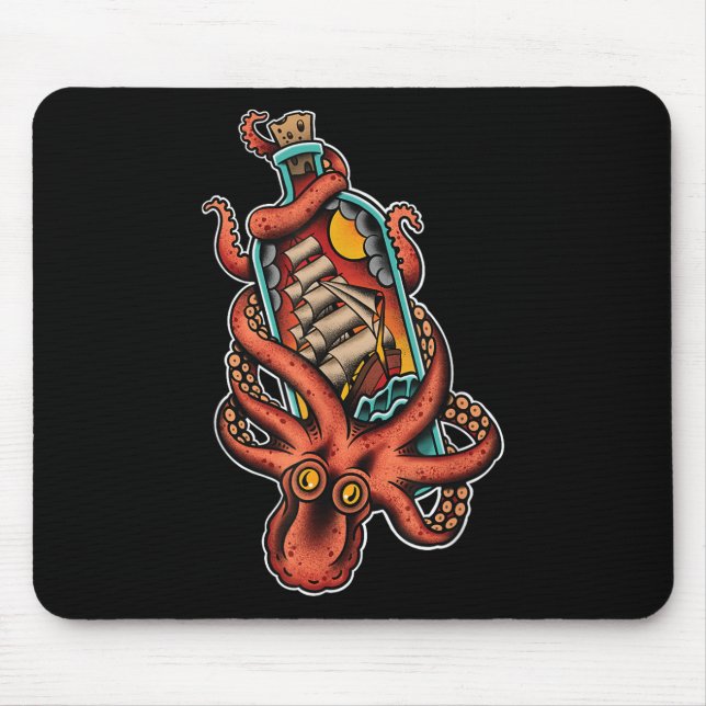 Oktopus und Clipper in Flasche, alte Schule Sai Mousepad (Vorne)