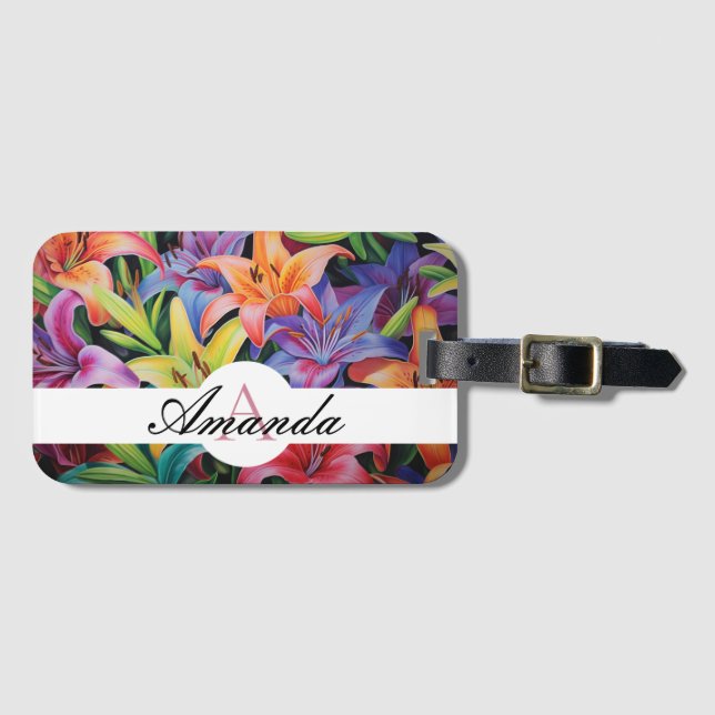 Öl Pastel farbenfrohe Lilienblättermuster Monogram Gepäckanhänger (Vorderseite (Horizontal))