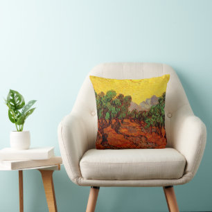 Ölbäume von Van Gogh mit gelbem Himmel und Sonne Kissen