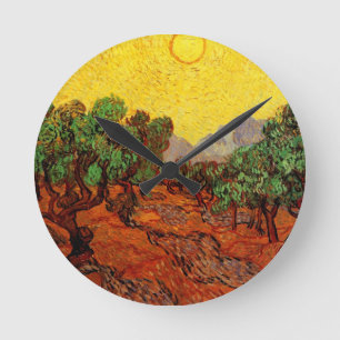 Ölbäume von Van Gogh mit gelbem Himmel und Sonne Runde Wanduhr
