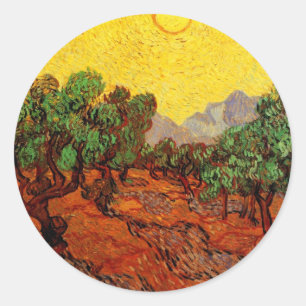 Ölbäume von Van Gogh mit gelbem Himmel und Sonne Runder Aufkleber