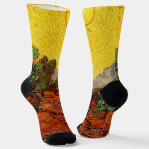 Ölbäume von Van Gogh mit gelbem Himmel und Sonne Socken