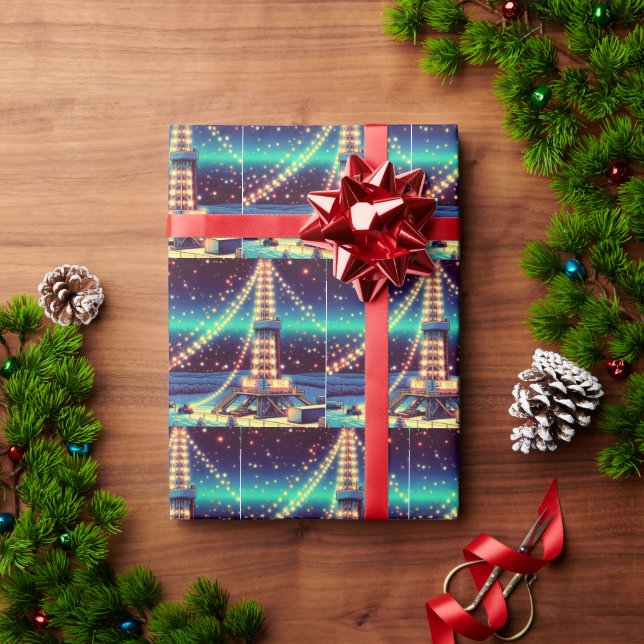 Ölbohrturm mit Weihnachtslicht Geschenkpapier (Feiertagsgeschenk)