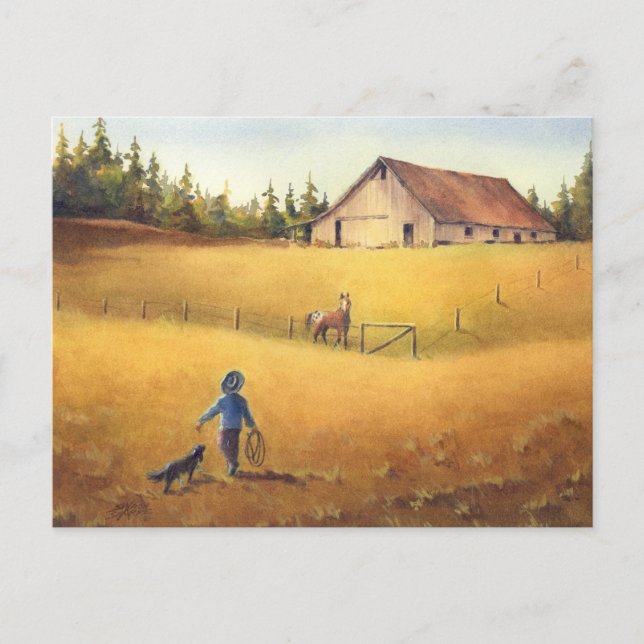OLD BARN, APPALOOSA BOY & DOG by SHARON SHARPE Postkarte (Vorderseite)