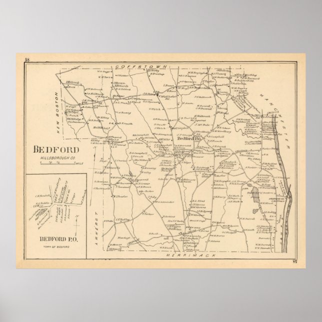 Old Bedford NH Map (1892) Poster (Vorne)