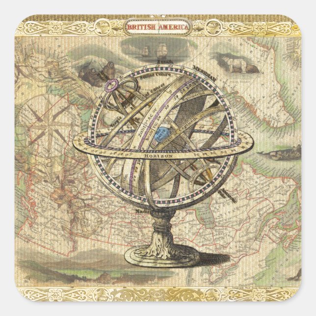 Old British America Explare Polar Bear Compass Map Quadratischer Aufkleber (Vorderseite)