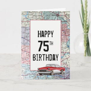 Old Car auf der Road Map 75. Geburtstag Karte