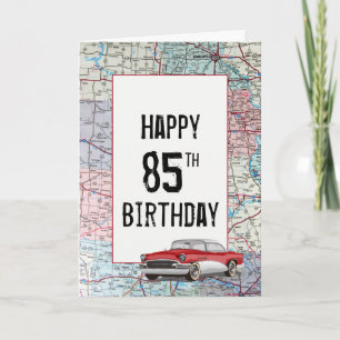 Old Car auf der Road Map 85. Geburtstag Karte