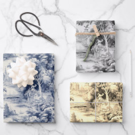Old Castle Modern Blue Toile de Jouy Muster Geschenkpapier Set