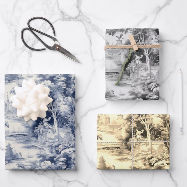 Old Castle Modern Blue Toile de Jouy Muster Geschenkpapier Set (Vorderseite)