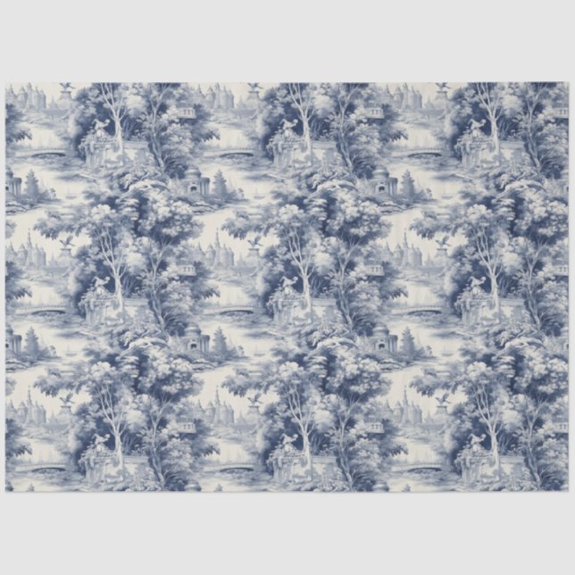 Old Castle Modern Blue Toile de Jouy Muster Seidenpapier (Vorderseite)
