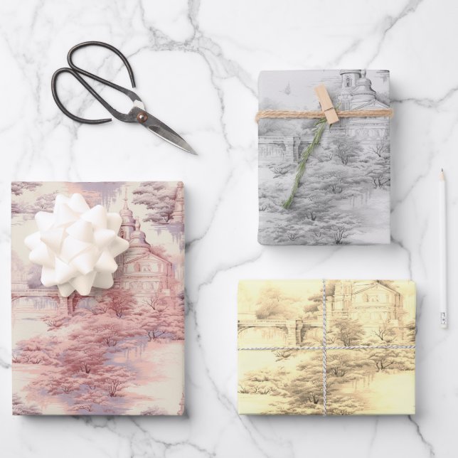 Old Castle Modern Red Toile de Jouy Muster Geschenkpapier Set (Vorderseite)