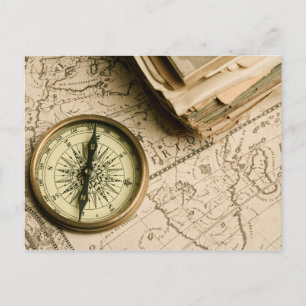 Old Compass Over Ancient Map Postkarte