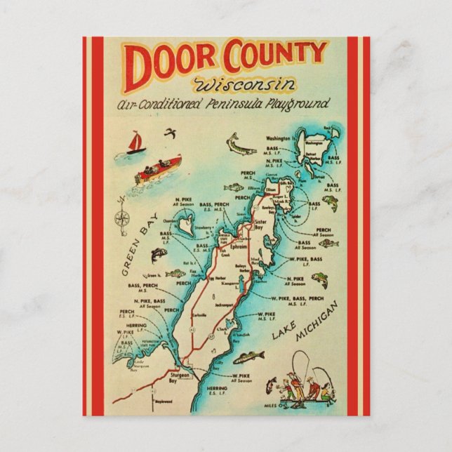 Old Door Landkreis Fishing Map Postkarte (Vorderseite)