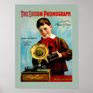Old Edison Phonograph Cylinder Record Player Ad Poster