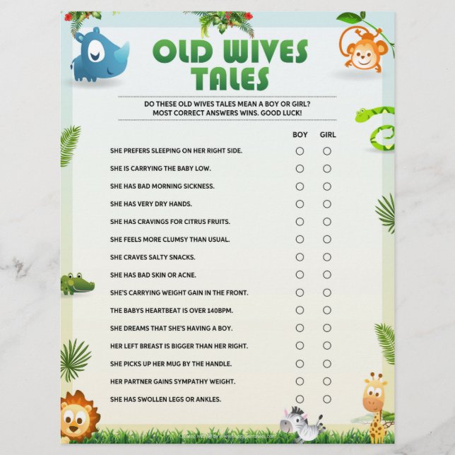 Old Ehefrauen Tales Baby Shower Game [Tierthema] Briefbogen (Vorderseite)