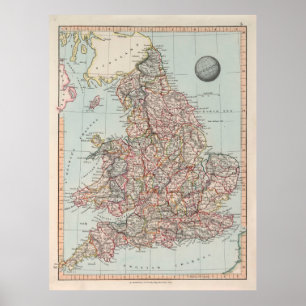 Old England Map (1850) Vintage Großbritannien Atla Poster