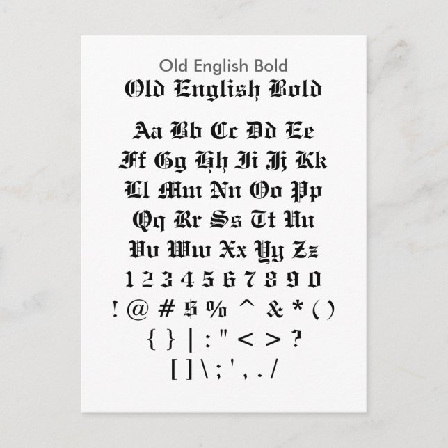 Old English Bold - Zazzle Schriftart Sampler Sheet Postkarte (Vorderseite)