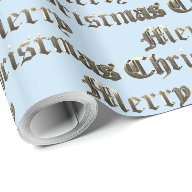 Old English Letters Gold und Baby Blue Christmas Geschenkpapier (Rolleneckpunkt)