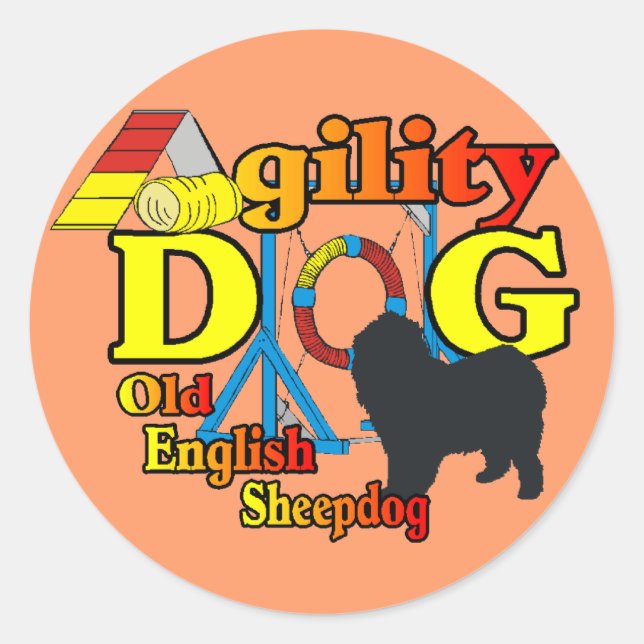 Old English Sheepdog Agility Shirts Geschenke Runder Aufkleber (Vorderseite)