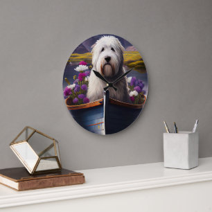 Old English Sheepdog auf dem Paddel: Ein landschaf Große Wanduhr