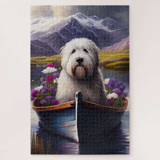 Old English Sheepdog auf Paddle: Ein Landschaftlic Puzzle (Vertikal)