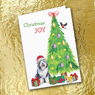 Old English Sheepdog, Bird and Christmas Tree Feiertagskarte