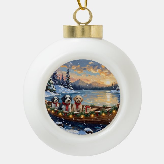 Old English Sheepdog Christmas Boat Holiday Keramik Kugel-Ornament (Vorderseite)