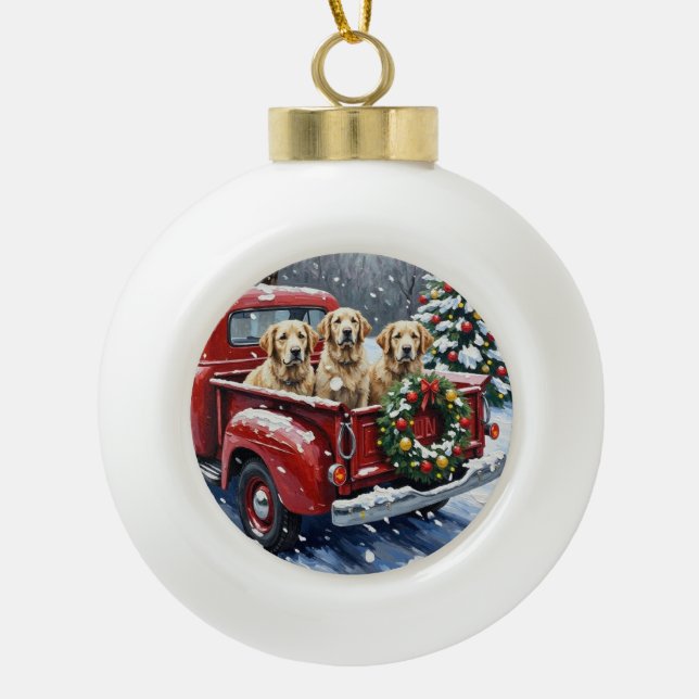 Old English Sheepdog Christmas Red Truck Holiday Keramik Kugel-Ornament (Vorderseite)