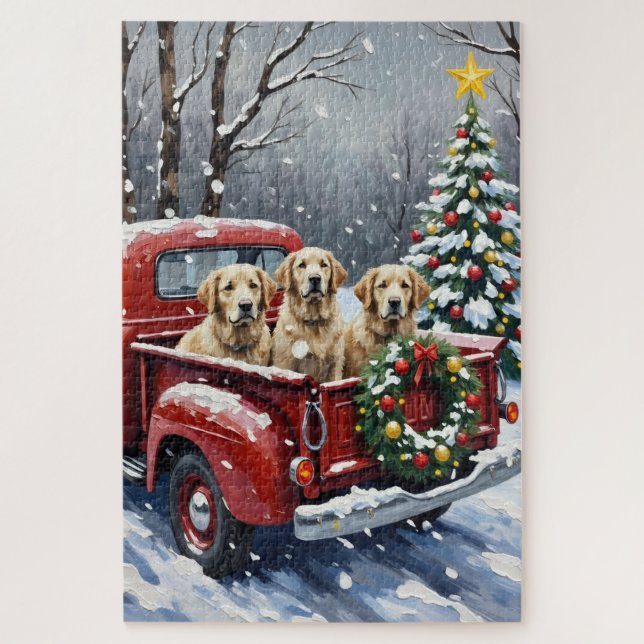 Old English Sheepdog Christmas Red Truck Holiday Puzzle (Vertikal)