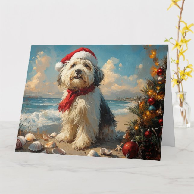 Old English Sheepdog Christmas Vintag Beach Karte (Gelbe Blume)