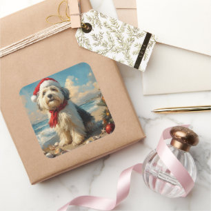 Old English Sheepdog Christmas Vintag Beach Quadratischer Aufkleber