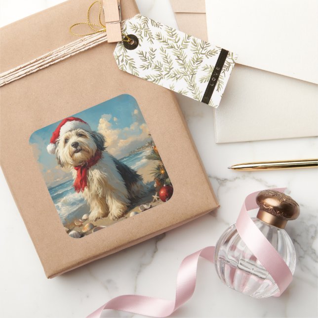 Old English Sheepdog Christmas Vintag Beach Quadratischer Aufkleber (Schenken)