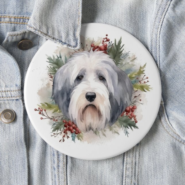 Old English Sheepdog Christmas Wreath Festivals Button (Beispiel)