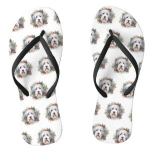 Old English Sheepdog Christmas Wreath Festivals Flip Flops
