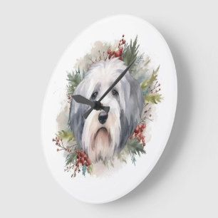 Old English Sheepdog Christmas Wreath Festivals Große Wanduhr