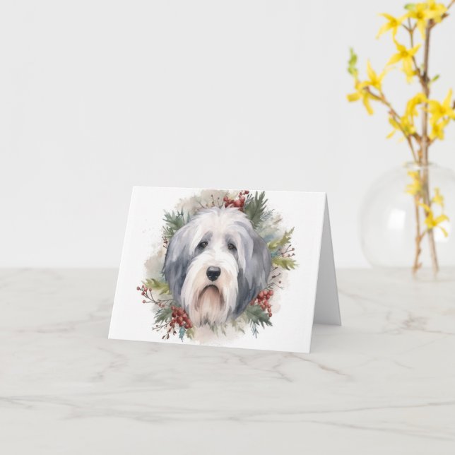 Old English Sheepdog Christmas Wreath Festivals Karte (Gelbe Blume)