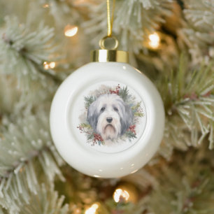 Old English Sheepdog Christmas Wreath Festivals Keramik Kugel-Ornament