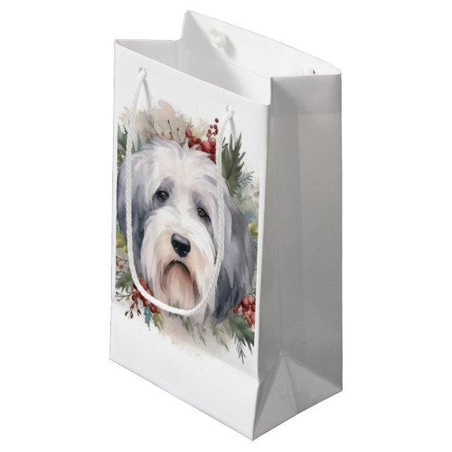 Old English Sheepdog Christmas Wreath Festivals Kleine Geschenktüte (Vorderseite Schrägansicht)
