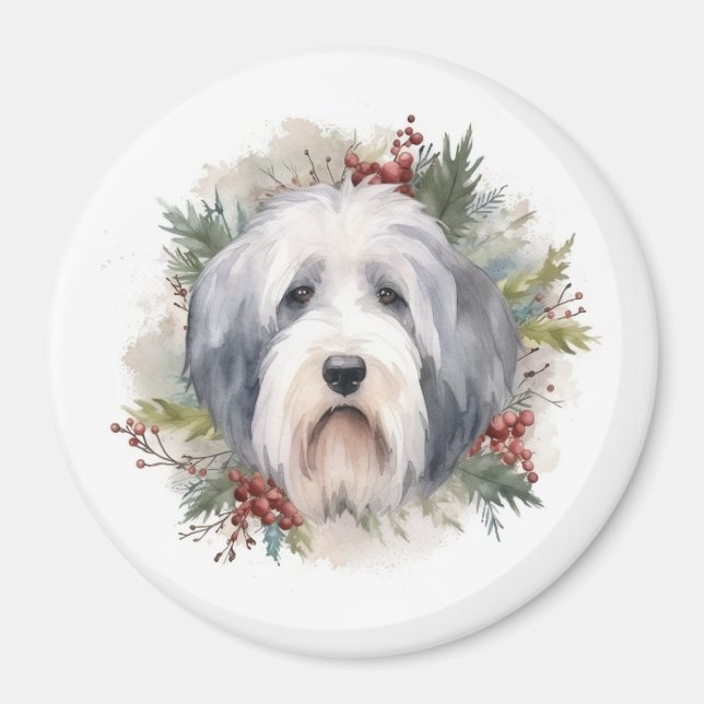 Old English Sheepdog Christmas Wreath Festivals Magnet (Vorne)
